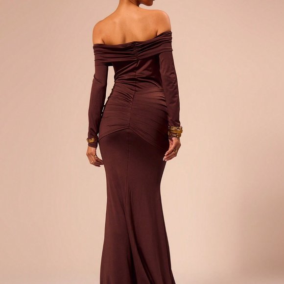 Coffee Party Women's Off Shoulder Long Sleeve Maxi Dress Vacation Romantic - Picture 2 of 4